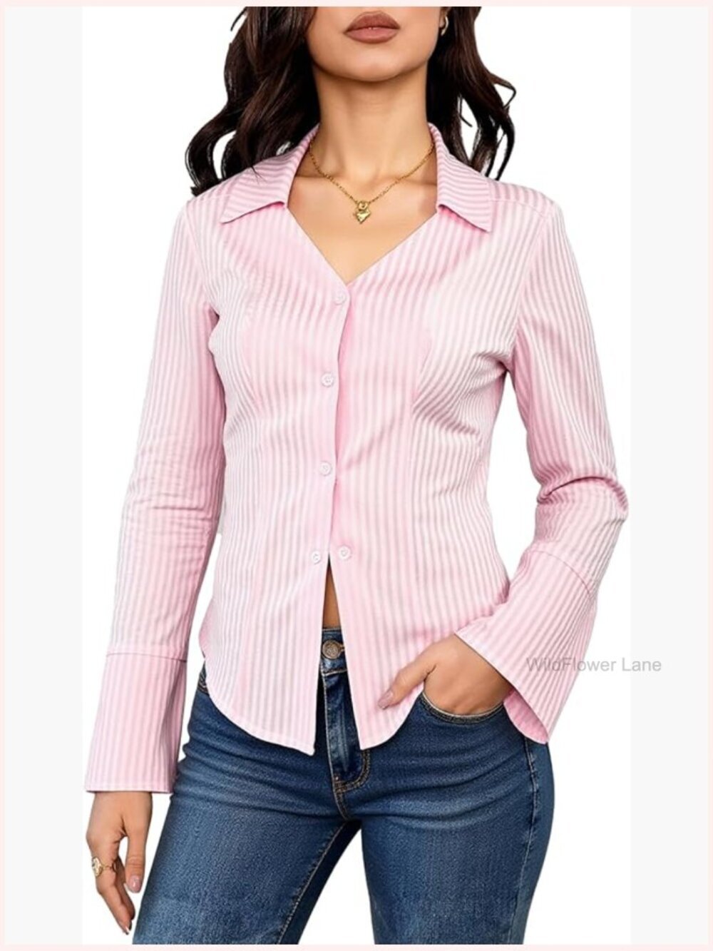 Striped Bell Sleeve Button Down Shirt Dressy Casual Blouse Work Tops